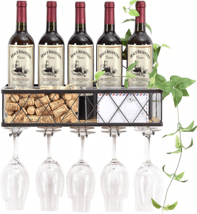 Wall Mounted Wine Rack with Cork Storage and a Glass Holder